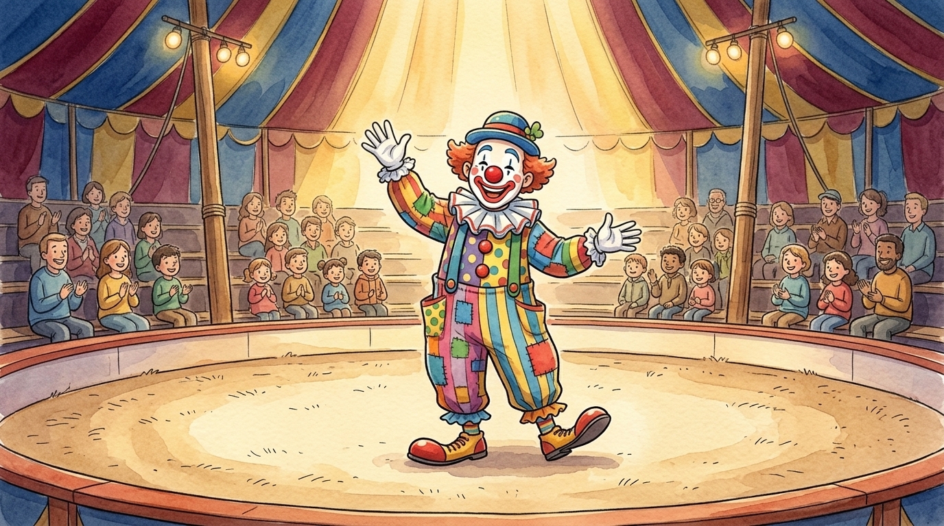 Un clown en costume coloré et perruque verte, sur scène, prêt à faire rire les spectateurs